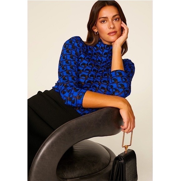 DVF Merino Wool Mod 60s Geo Print Puff Long Sleeve Ruched Turtleneck Sweater M - Picture 4 of 14